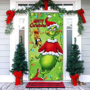 lot 60998 image: Deroro Green Merry Christmas Door Cover Decorations, Fabric Backdrop Xmas Front Door Decor Porch Banner Sign for Indoor Outdoor Supplies 3 x 6 FT
