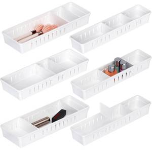 lot 61014 image: Pluspace 6 PCS Drawer Organizer Set, Bathroom Vanity Drawer Organizer Trays with Dividers Adjustable, Versatile Storage Bins for Makeup Plastic Desk Drawer Organizer for Closet Kitchen Utensil