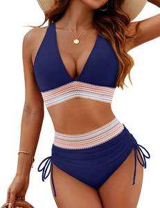 lot 61022 image: Blooming Jelly Womens High Waisted Bikini Tummy Control Swimsuits Two Piece Drawstring Bathing Suit (M, Dark Blue)