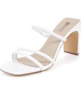 lot 61056 image: IDIFU IN3 High Heels Strappy Chunky Block Heels Square Toe Three Strap Slip On Heels Comfortable Slides Heeled Sandals Sexy Wedding Party Dress Shoes Open Toe Mules Heels for Women Size 11