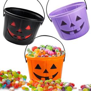 lot 61058 image: JOYIN 6PCS Halloween Trick or Treat Pumpkin Bucket, Orange Plastic Candy Bucket for Trick or Treating, Black Purple Jack O Lantern Basket and Pails with Handle for Kids Halloween Party Favor Supplies