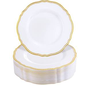 lot 61059 image: Hioasis 60pcs Gold Plastic Plates - White and Gold Disposable Plates - 7.5inch Gold Disposable Dessert Plates Perfect for Wedding & Party & Thanksgiving