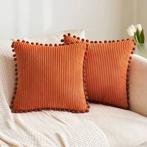 lot 61068 image: MIULEE Fall Boho Decorative Throw Pillow Covers with Pom-poms, Soft Corduroy Square Solid Lumbar Cushion Cases for Couch Sofa Bedroom, 20x20 inch Orange