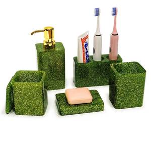 lot 61086 image: Suanti Bathroom Accessory Sets,5 Pieces Resin Sage Green Bathroom Decor Sets with Lotion Dispenser, Soap Dish, Tumbler, Toothbrush Holder, Q Tip Holders, Bathroom Essentials for New Home