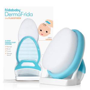 lot 61098 image: Frida Baby The 3-Step Cradle Cap System, DermaFrida The FlakeFixer, Sponge, Brush, Comb and Storage Stand for Babies with Cradle Cap, White-Blue