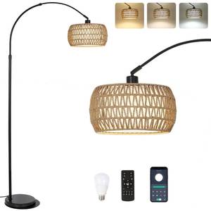 lot 61101 image: Arc Floor Lamps for Living Room with 3 Color Temperatures, Black Standing Lamp with Remote & Dimmable LED Bulb, Rattan Boho Floor Lamp, Farmhouse Tall Lamp for Bedroom, Over Couch Arched Reading Light - Retail $79.19