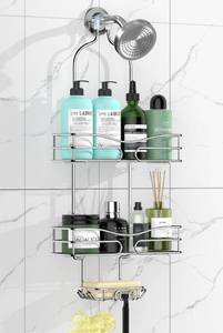 lot 61108 image: DAOYA Shower Caddy - Shower Organizer with 6 Hooks for Razor&Sponge - Shower Shelf with Soap Basket - Hanging Shower Storage, With Self-Adhesive Pad, Silver