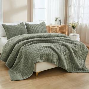 lot 61109 image: Andency Queen Quilt Olive Green, Velvet Lightweight Plush Plaid Bedspread, Soft Luxury Coverlet Quilted Bedding Set (96x90 inch, 2 Matching Pillowcases), All Season