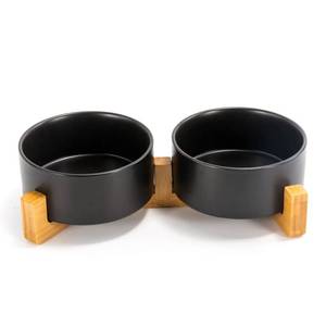 lot 61113 image: SPUNKYJUNKY Ceramic Dog and Cat Bowl Set with Wooden Stand, Modern Cute Weighted Food Water Set for Small Size Dogs (13.5OZ) & Medium Sized Dogs (28.7OZ) & Cats (3.6 Cups, 2  Black)