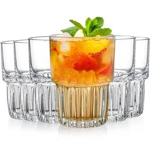 lot 61115 image: DEAYOU 6 Pack Drinking Glasses Set, 12 OZ Clear Striped Iced Tea Water Glass Cup, Stackable Rocks Glasses, Thick Tempered Glass Tumbler with Heavy Base for Juice, Milk, Cocktail, Spirits, Daily Use