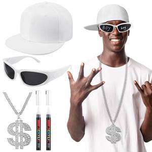 lot 61126 image: Cotwinter 5 Pcs Halloween Hip Hop Costume Kit 80s90s Rapper Accessories Include Wrap Around Sunglasses Flat Bill Visor Rapper Hat Gold Plated Necklace White Paint Pens for Halloween Costume Party