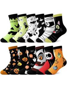 lot 61127 image: Toulite 12 Pairs Halloween Socks Ghost Bat Vampire Novelty Design Crew Socks Halloween Funky Toddler Socks for Kids (4-7 Years)