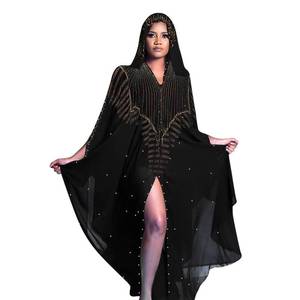 lot 61132 image: Women Muslim Cardigan Hijab Dress Batwing Hot Drilling Chiffon Kimono Islam Kaftan Robe African Dresses Black 05 One Size