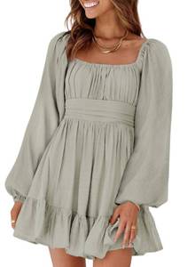 lot 61133 image: Dokotoo Womens Lantern Long Sleeve Dresses Tie Back Square Neck Fall Dress Ruffled Off Shoulder A-Line Midi Dress Casual Mini Dress for Women Grey Green Medium