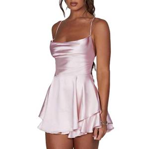 lot 61139 image: LouVasabuce Women Sexy Backless Short Romper Satin Dress Cowl Neck Tie Ruffle Layer Spaghetti Strap Jumpsuit Mini Dress (Pink, S)