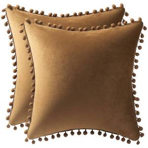 lot 61145 image: DEZENE Throw Pillow Cases 20x20 Golden Brown 2 Pack Cozy Soft Pom-poms Velvet Square Decorative Pillow Covers for Farmhouse Home Decor