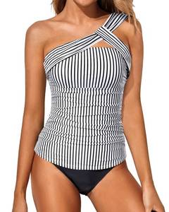 lot 61149 image: Tempt Me Black Stripe White Two Piece Tankini Bathing Suits for Women One Shoulder Swim Top with Bottom Swimsuits XXL