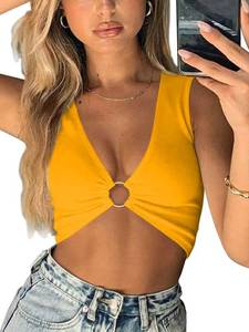 lot 61181 image: AEVZIV Sexy Crop Tops for Women Sleeveless Deep V Neck Workout Tops Plunge Ring Cleavage Cropped Tank Top Yellow S