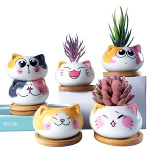 lot 3466 image: YINUOWEI Succulent Pots with Drainage 3.6 Inch Mini Cat Pots for Plants Tiny Animal Planter Small Ceramic Air Plant Flower Pots Cactus Faux Planters Containers with Bamboo Tray