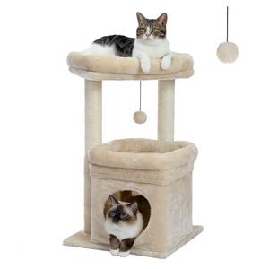 lot 3472 image: PEQULTI Cat Tree Cat Tower for Indoor Cats with Private Cozy Cat Condo, Natural Sisal Scratching Posts and Plush Pom-pom for Small Cats,Beige (Missing Instructions)