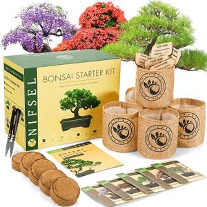 lot 3480 image: Bonsai Tree kit -NIFSEL Bonsai Growing Kit - Complete Starter Kit, 5 Types of Trees - Culture Medium, Plant Marker, Burlap Pots - Indoor Garden Gardening - Unique Garden Gift, Housewarming Present
