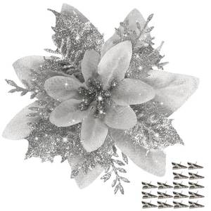 lot 3484 image: Poinsettia Flower 16pcs Artificial Poinsettia Christmas Decorations Glitter Poinsettias Christmas Ornaments Christmas Tree Flower Decorations with Clips DIY Xmas Wreath Holiday Weed Home Party Decor