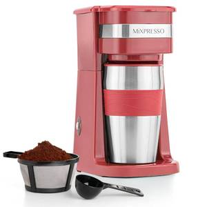 lot 3497 image: Mixpresso Personal Single-Serve Coffee Maker & 14oz Travel Mug, Drip Small Coffee Maker & Tumbler, Auto Shut Off & Reusable Filter, Red Coffee Maker Compatible with Coffee Grounds