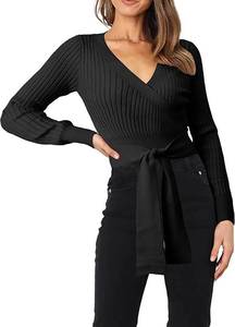 lot 3527 image: PRETTYGARDEN Womens Fashion Wrap V Neck Cropped Sweater Long Sleeve Solid Slim Fit Belted Pullover Ribbed Knit Sweater Tops(X-Large, Black)