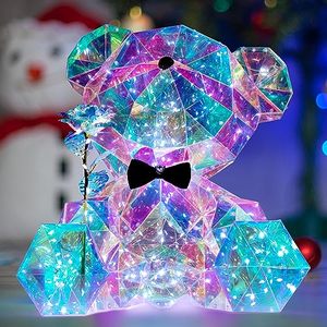 lot 3539 image: Esfos Iridescent Teddy Bear Figurine - LED Holographic Light Up Bear wRose Romantic Night Light, Birthday, Wedding, Valentines Day, Anniversary, Christmas Deco DIY Gifts for Adults Kids Women