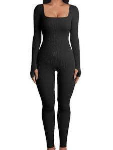 lot 7473 image: YIOIOIO Women Workout Seamless Jumpsuit Yoga Ribbed One Piece Long Sleeve Leggings Romper