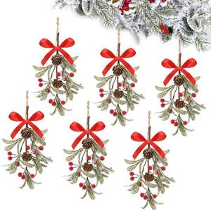 lot 7477 image: Giegxin 6 Pieces Christmas Mistletoe Decor Artificial Mistletoe Ornament with Red Bow Christmas Hanging Mistletoe Decoration Bouquet Natural Pine Cones Christmas Tree Accessories (Bright Style)