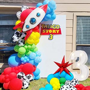 lot 9436 image: Toy Story Inspired Cartoon Balloons Arch Garland kit Red Blue Yellow Green Balloon Cow Boy Star Rocket Balloons for Kid Toy Theme Two Infinity and Beyond Birthday Decorations