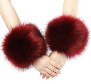 lot 9447 image: LA CARRIE Womens Leopard Print Faux Fur Wrist Cuffs,Winter Fox Furry Bands Arm Warmer (Burgendy)