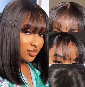 lot 9449 image: A ALIMICE Bob Wig with Bangs Silky Straight Human Hair Wigs with Bangs Glueless Bang Wigs Machine Made Virgin Human Hair Wigs for Black Women 1b Black(150% Density, 10 Inch)