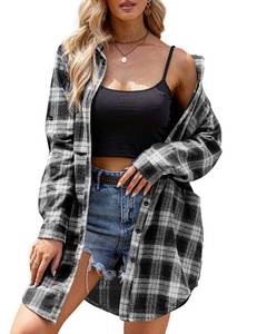 lot 9471 image: HOTOUCH Womens Plus Size Flannel Shirt Mid-Long Boyfriend Long Sleeve Loose Button Down Plaid Shirt Black and White XXL