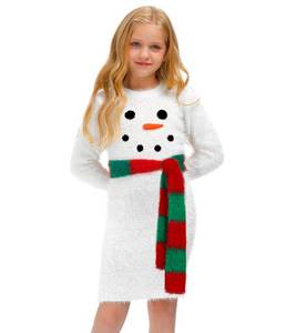 lot 9478 image: Christmas Little Girls Soft White Xmas Snowman Knit Sweater Tunic Midi Dress 9-10 Years, USED-NEEDS CLEANED