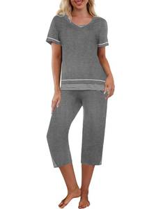 lot 9482 image: Ekouaer Capri Pajama Sets for Women Capri Pants with Short Tops Sleepwear Ladies Sleep Sets Short Sleeve Pjs Sets Soft Two Piece Loungewear Sets Grey Large