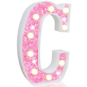 lot 9484 image: Pooqla LED Marquee Letter Lights, Light Up Pink Letters Glitter Alphabet Letter Sign Battery Powered for Night Light Birthday Party Wedding Girls Gifts Home Bar Christmas Decoration, Pink Letter C Top of Letter Damaged