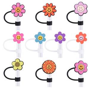 lot 9488 image: Pack of Cartoon Drinking Straw Topper Cute Animals Silicone Straws Cover Cap Dust-Proof Colorful Love Straw Tips Lids ST1-10A, 10 Pack