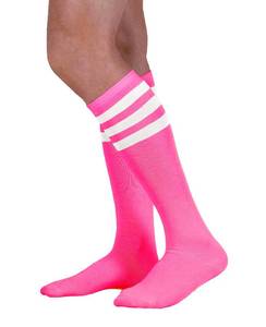 lot 9489 image: Colored Knee High Tube Socks with Colored Stripes (Neon Pink with White Stripes)