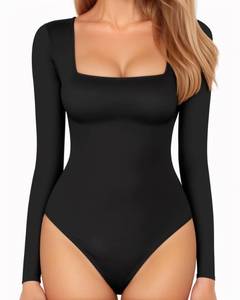 lot 9491 image: MANGOPOP Black Bodysuits for Women Long Sleeve Square Neck Slim Fitted Tops (Black, Large)