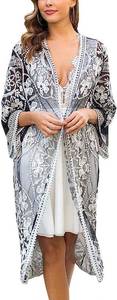 lot 9498 image: Womens Mesh Lace Cardigan Floral Crochet Sheer Beach Cover Up Long Black and White Kimono, One Size