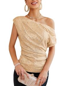 lot 10486 image: Trendy Off The Shoulder Tops for Women Ruched Sparkle Top Shirt Elegant Asymmetrical Neck Sequin Top Shiny Date Night Outfits Concert Champagne S