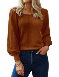 lot 10487 image: HOTOUCH Womens Sweater 2024 Casual Cute Lightweight Puff Sleeve Cozy Crochet Knit Pullover Tops Blouse Brown Large