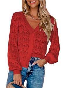 lot 10488 image: Dokotoo Fall Sweaters for Women 2024 Lightweight Cardigans Casual Long Sleeve Open Front Cropped Cardigans Sweaters Loose V Neck Hollow-Out Crochet Knit Shrug Red Jacket X-Large