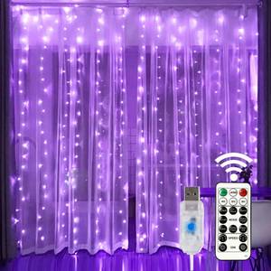 lot 10497 image: HOME LIGHTING Window Curtain String Lights, 300 LED 8 Lighting Modes Fairy Copper Light with Remote, USB Powered for Halloween Christmas Bedroom Party Wedding Home Garden Wall Decorations, Purple