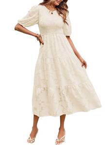 lot 12003 image: MEROKEETY Womens 2024 Casual Short Sleeve Smocked Dress Round Neck High Waist Ruffle Party Dresses,Beige,S