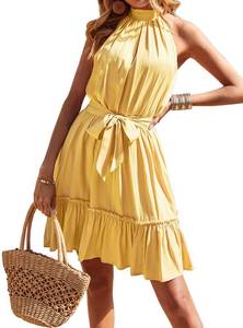 lot 12018 image: BTFBM Women 2024 Summer Halter Neck Dresses Sleeveless Casual Floral Polka Dot Print Short Boho Ruffle Sundress(Solid Yellow, X-Large)