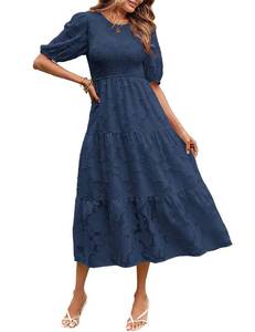 lot 12023 image: MEROKEETY Womens 2024 Boho Short Sleeve Crewneck Smocked Dress Floral Swing A-Line Beach Dresses,Navy,S