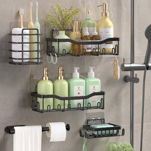 lot 49276 image: LokDan Shower Caddy 5 Pack,Retractable Holder with 8pcs Heavy-duty Sticky,Large Capacity Size,Adhesive Shower Organizer for Bathroom &Kitchen Storage,Bathroom Shower Shelves for Inside Shower Rack, Black